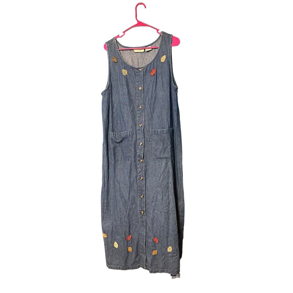 Lemon Grass Vintage 90's Demin Jumper Dress Size Large Leaf Appliques